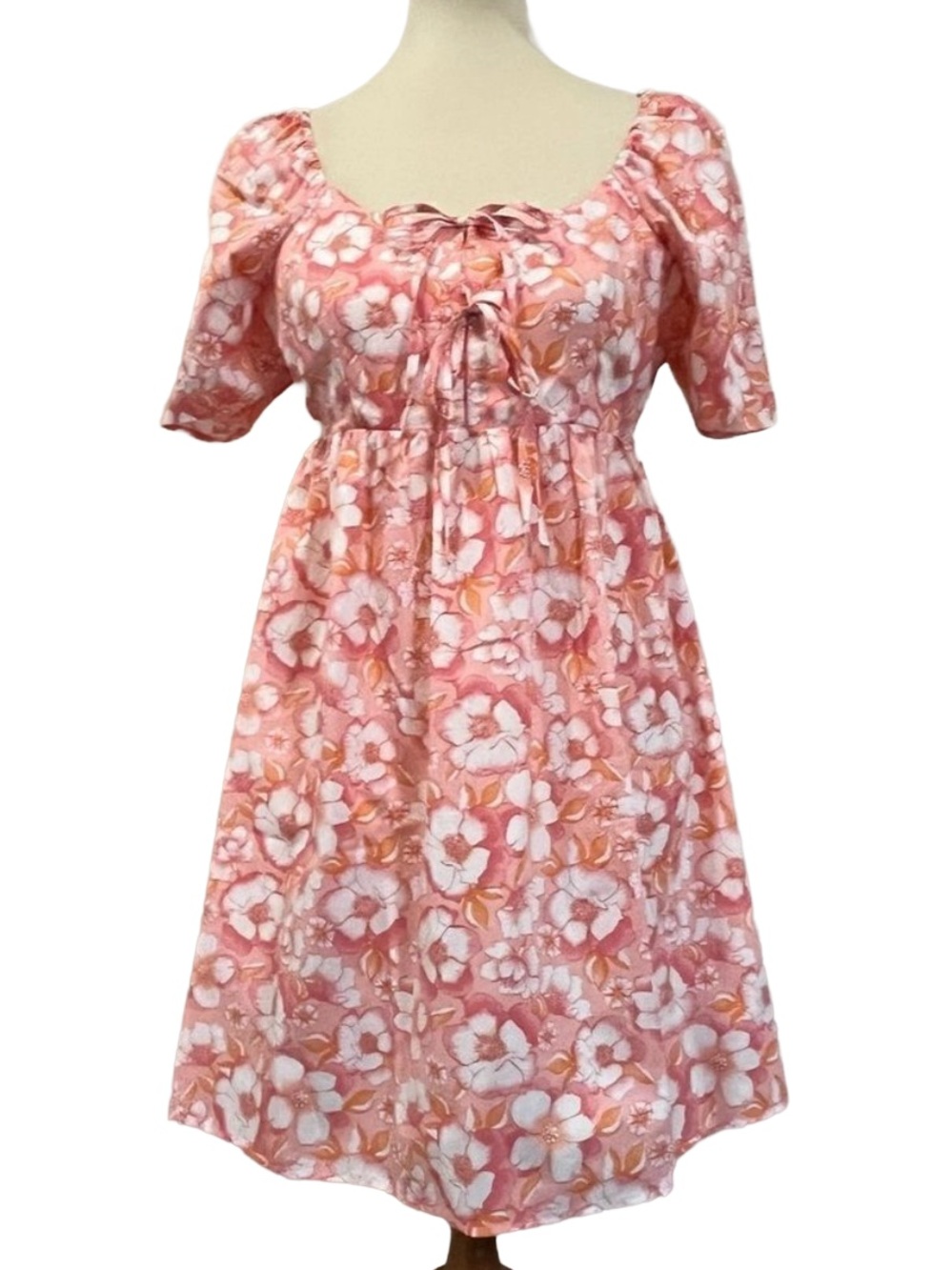 Pink Floral Babydoll Mini Dress Coquette Tie-Front Puff Sleeve Copper Key S NWT